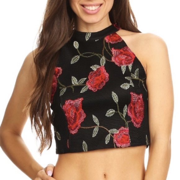 Charlotte Russe Rose Embroidered Halter Crop - Picture 9 of 10